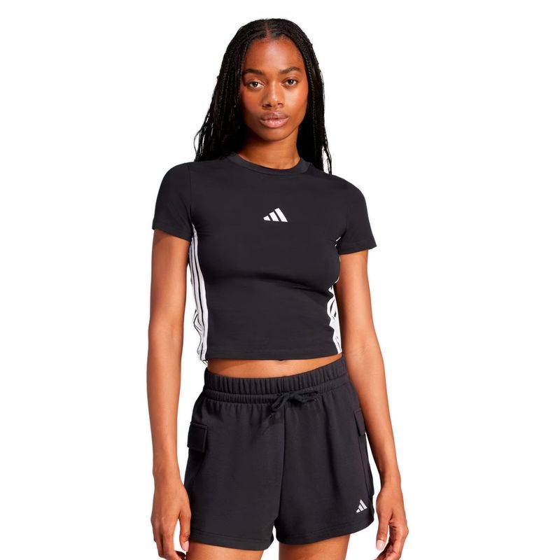 Camiseta Adidas Baby Look Essentials Três Listras Slim Preto